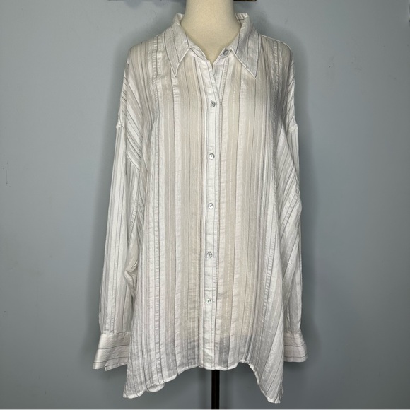 Vince White Sheer Textured Stripe Buttoned Boxy Shirt Top Size XXL NWOT! - Picture 2 of 13